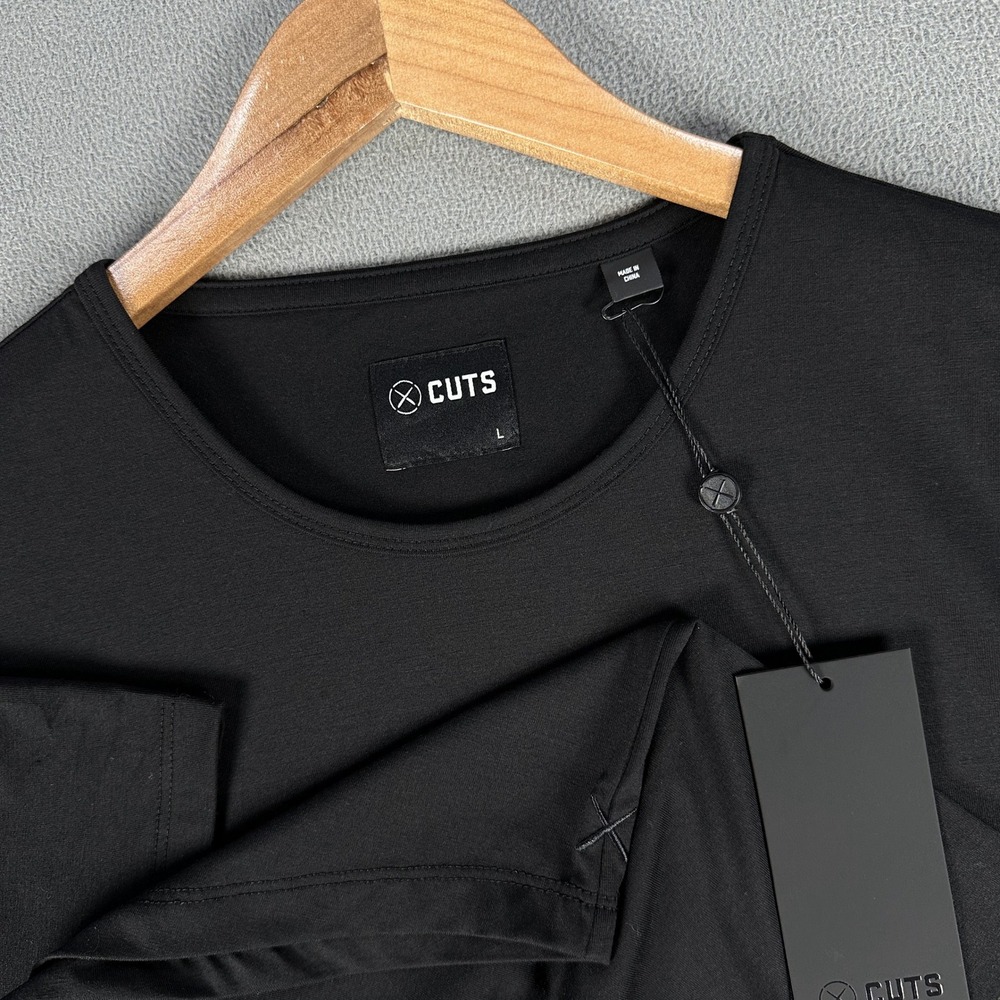 Cuts Shirt Mens Large Black AO Curve Hem Performance Gym Lounge Minimalist New